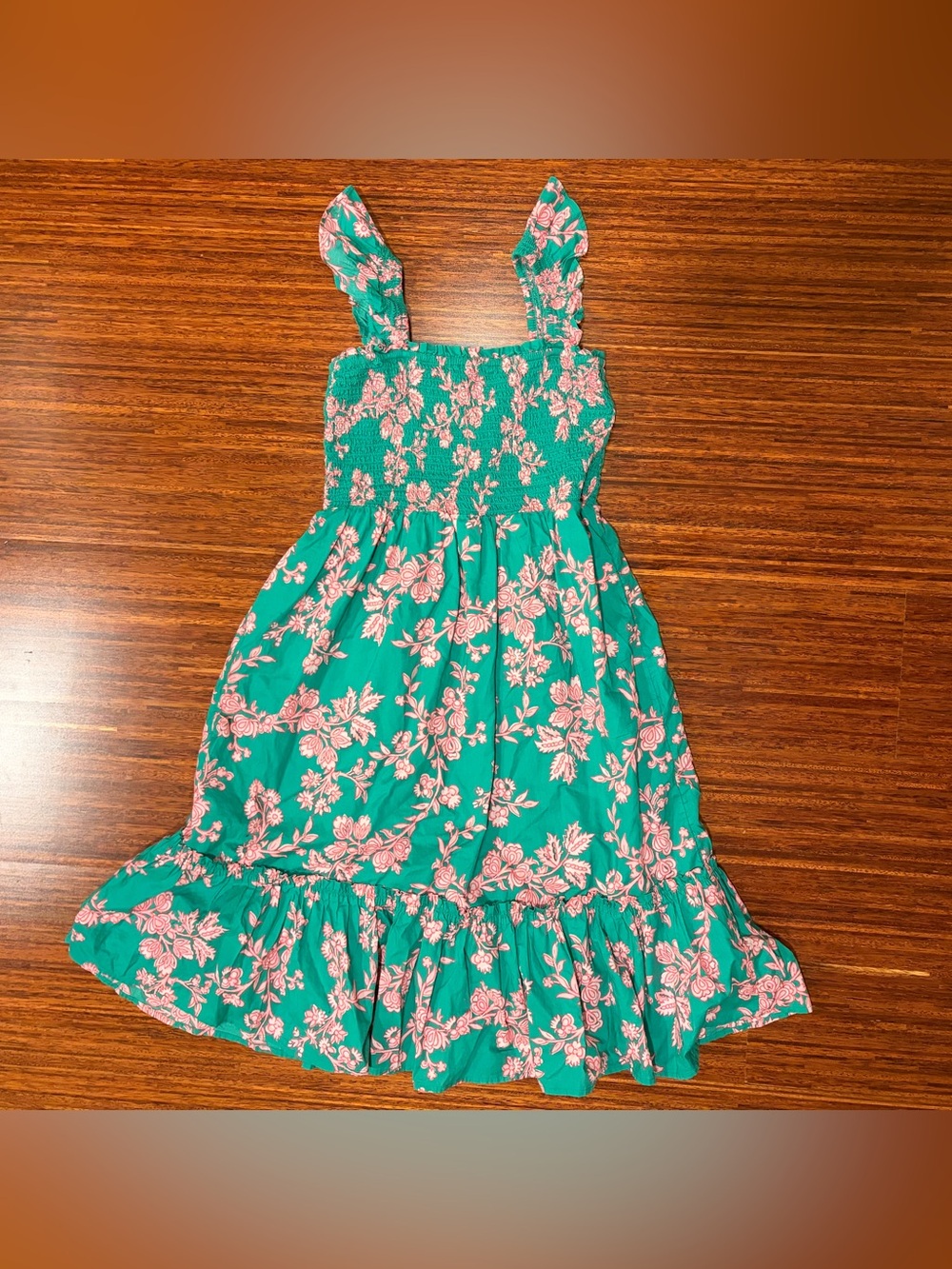 Jcrew Crewcuts Girls Vibrant Green Pink Floral Smocked Ruffle Midi Dress Size 10